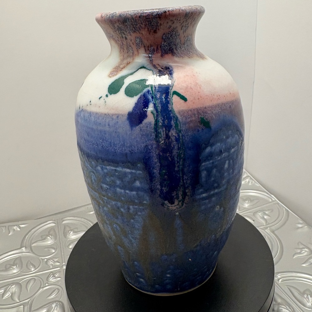 Vintage Singed Pastel Blue,purple And Pink Pottery Vase